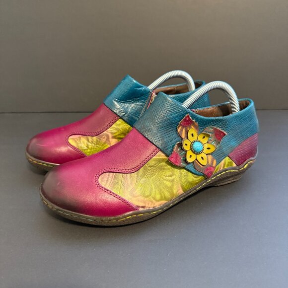Socofy Women's Booties 9.5 (40) Rainbow Leather Flower Accent Turquoise Stone - Picture 2 of 9